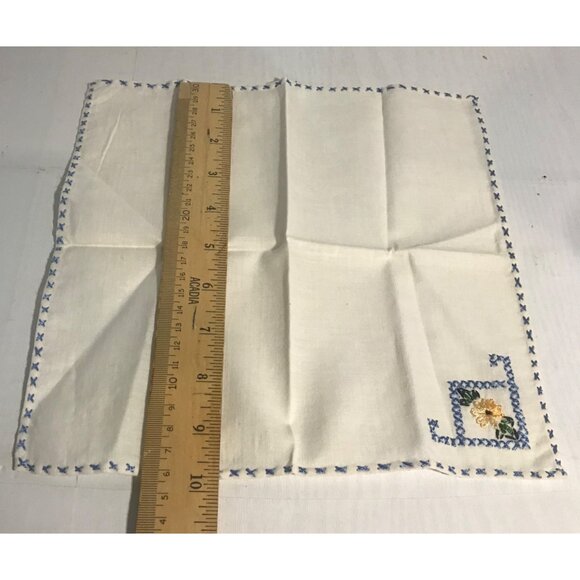 Vintage Linen Hanky Hand Embroidered With Blue Cross Stitch Border & Floral - Picture 3 of 5